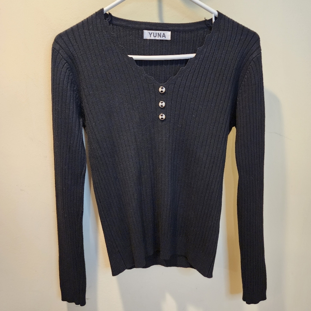 YUNA Black Ribbed Long Sleeve Sweater Fits M